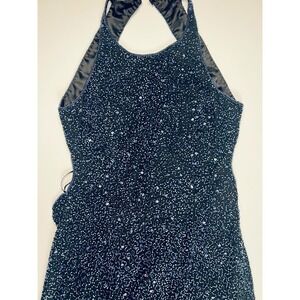 Vintage SCALA Beaded Halter Neck Evening Gown Blue 100% Silk Formal Dress Medium